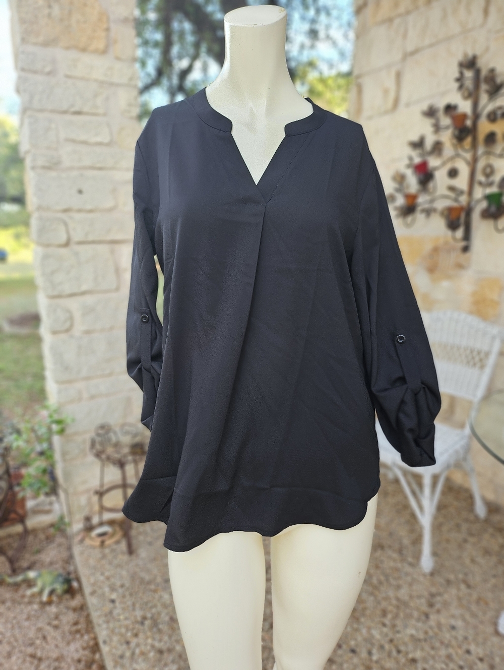 New W Tag Timeson Black Polyester Comfort Blouse Button Up Sleeves Size S